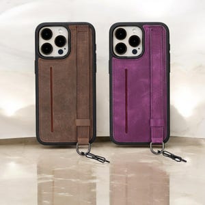 Leather iPhone Handle Case, Built-in Grip, iPhone Card Holder Case, Slim Case for iPhone 17, 16, 15, 14, 13, 12, 11, 8, 7
