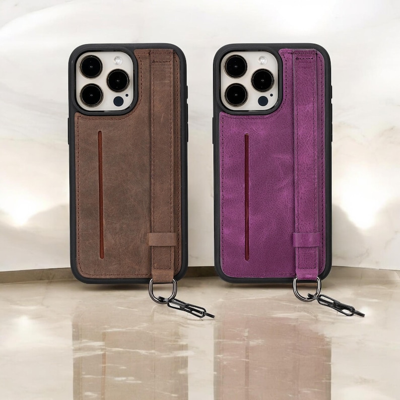 Personalized Leather iPhone Back Case, Custom Phone Case, Buit-in Grip Case with Strap, iPhone 16, 15, 14, 13, 12, 11, X, XS, XR, 8, 7,
