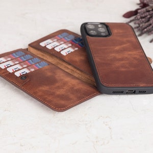 Genuine Brown Leather Double iPhone Wallet Case for iPhone 15, 14, 13, 12, 11, 11 Pro, X, XS, XR, XS, 6, 7, 8 Plus Detachable iPhone Case image 4