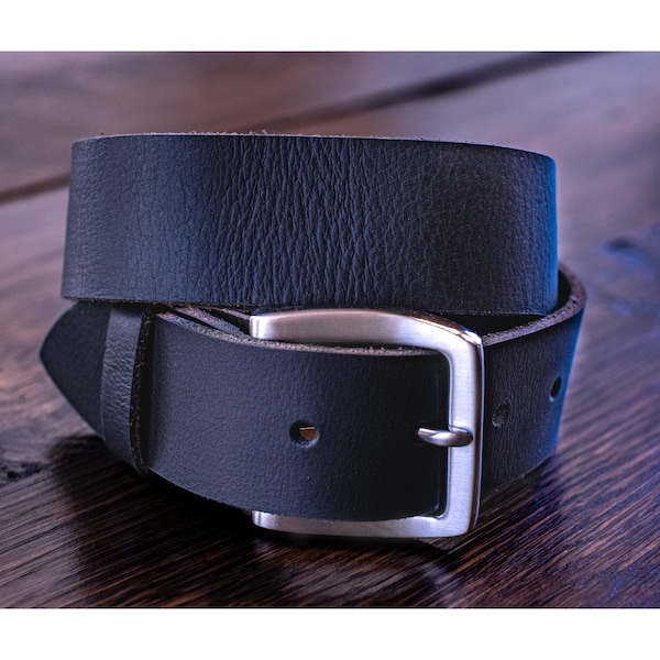 FULL GRAIN Solid Buffalo Milled Leather 1.5" Wide Belt w/Silver Satin Finish Buckle - Black - Made in USA - Soft Leather