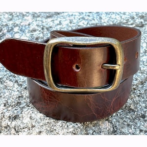 1.5&quot; Buffalo Leather Belt: Full Grain, Antique Gold Buckle, Made in USA