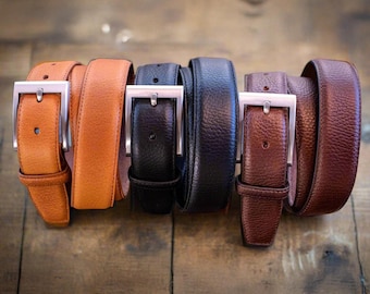 Men's Dress Belt, 1.25 Inch Wide, Pebble Grain Buffalo Leather, USA Handmade