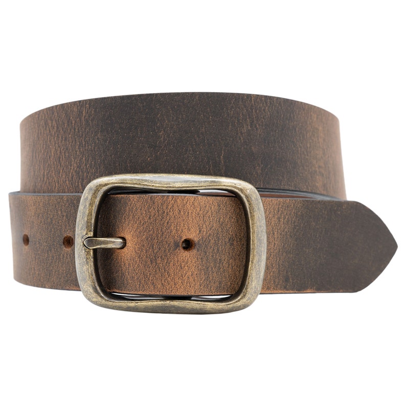 A brown leather belt with a distressed finish and a brass buckle.