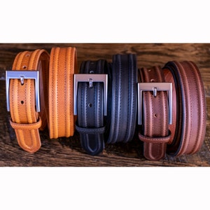 Buffalo Leather Raised Ridge Dress Belts - 3 Colors - Black, Brown, & Tan - Quality Belts Made in USA - Grooms Gift - Quality Thick Leather