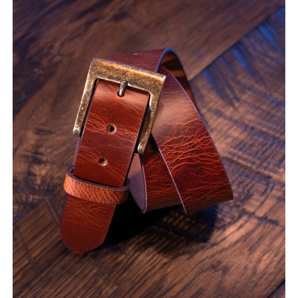 FULL GRAIN Buffalo Leather Crunch Finish 1.5" Wide Belt w/Aged Bronze Buckle - Reddish Brown - Graduation Father's Day Gift - Made in USA