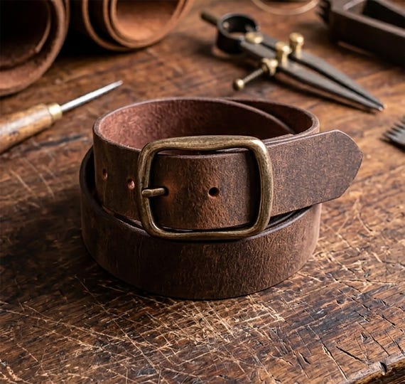 Full Grain Leather Belt 1.5" Wide Brown, Solid Buffalo Crazy Horse Finish, American Made