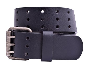 FULL GRAN Buffalo Leather 3-Hole Casual Work Jeans 1.75" Wide Belt - Black - Heavy Duty Belt - Made in USA
