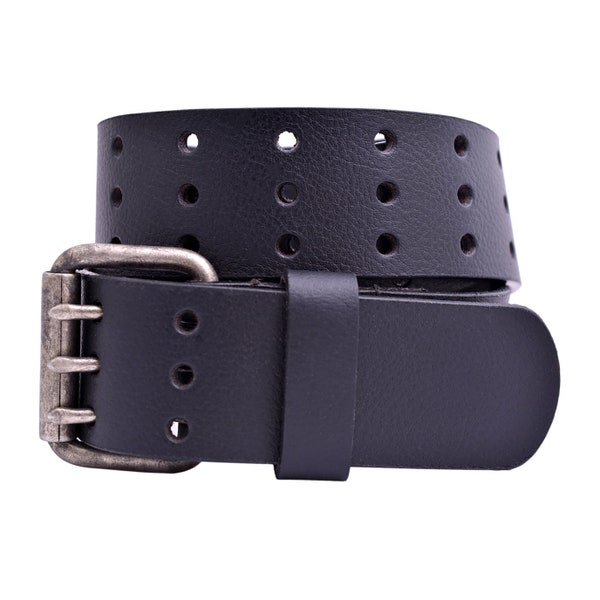 FULL GRAN Buffalo Leather 3-Hole Casual Work Jeans 1.75" Wide Belt - Black - Heavy Duty Belt - Made in USA