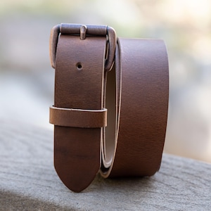 Belt Handmade Full Grain Buffalo Leather Tan 1.5&quot; Wide, Bronze Roller Buckle, Gifts for Him Father&#39;s Day, Made in USA