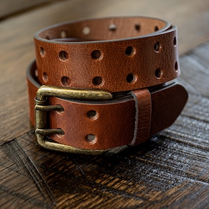 Buffalo Leather Belt: 1.5&quot; Double Prong, Reddish Brown, Made in USA