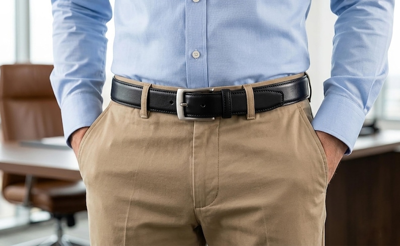 May include: A black leather belt with a silver-toned metal buckle worn with khaki trousers and a light blue button-down shirt. The belt features a smooth finish, a single prong, and a matching leather keeper loop, secured through the belt loops.