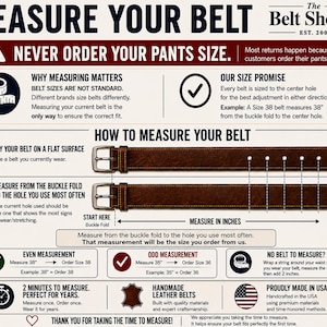 Pode incluir: Uma infografia intitulada Measure Your Belt da The Belt Shoppe. Ilustra como medir um cinto de couro castanho desde a dobra da fivela at&eacute; ao orif&iacute;cio central em polegadas, aconselhando a n&atilde;o usar o tamanho das cal&ccedil;as para escolher o cinto.