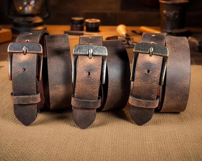 Mens Full Grain Buffalo Leather Belt, Crazy Horse Finish, 1.5 Inch Wide, Handmade USA