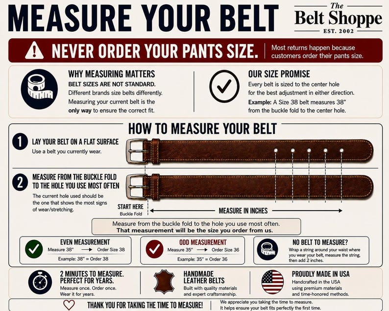 May include: An instructional infographic titled Measure Your Belt by The Belt Shoppe. It features a brown leather belt with a silver buckle, illustrating how to measure from the buckle fold to the center hole in inches for accurate sizing.