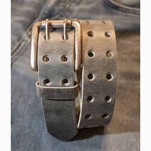 1.5" Full Grain Buffalo Leather Belt Gray, Crazyhorse Finish,  Double Prong 2-Hole Design, Gifts for Him, Handmade in USA