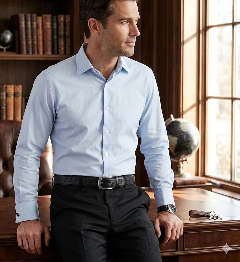 Pode incluir: Uma camisa de manga comprida azul-clara com colarinho cl&aacute;ssico e punhos, combinada com cal&ccedil;as pretas e um cinto de couro preto texturizado com fivela prateada. A camisa est&aacute; metida para dentro das cal&ccedil;as, criando um visual formal.