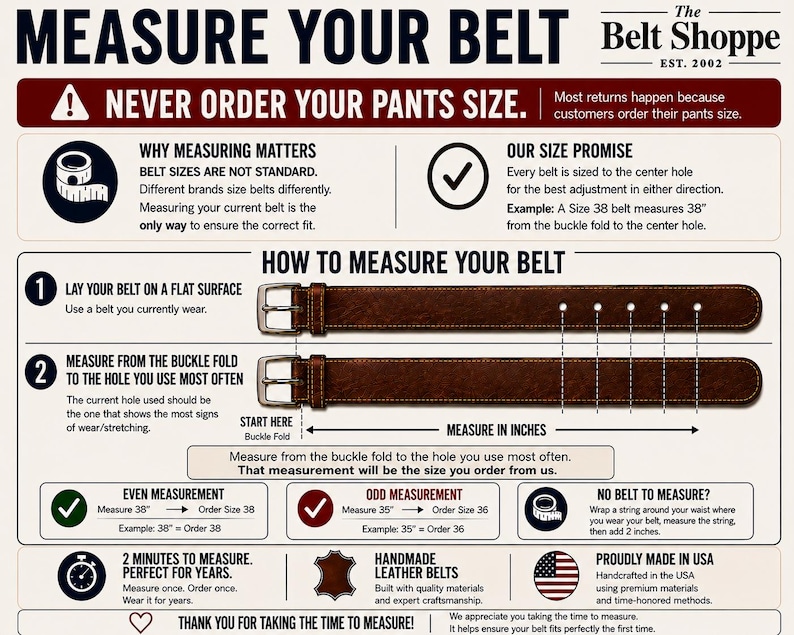 A picture of a sizing illustraton which details instructions fo rmeasuring a current belt to get your proper belt size.