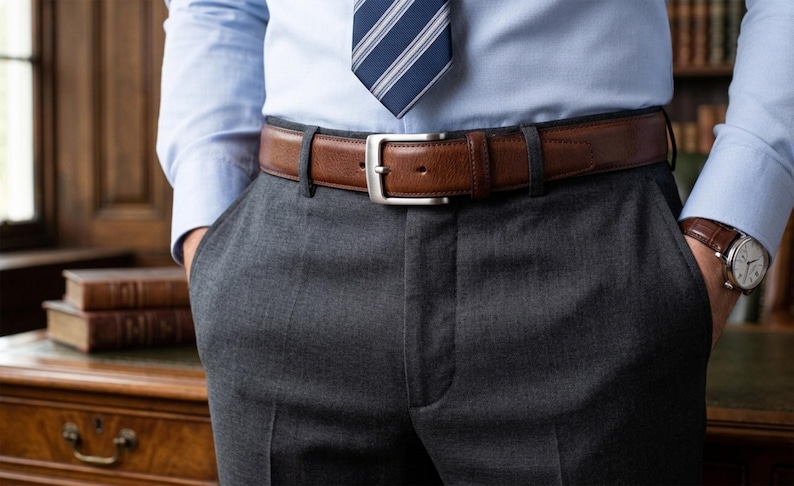 May include: A light blue button-down shirt with a navy and white striped tie, a brown leather belt with a silver-toned buckle, and dark gray trousers. A silver wristwatch with a brown leather strap is visible on the left wrist.