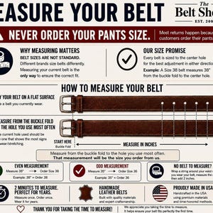May include: An instructional infographic titled Measure Your Belt by The Belt Shoppe. It provides visual guidance on measuring a brown leather belt from the buckle fold to the center hole, using inches to determine the correct order size for a belt.
