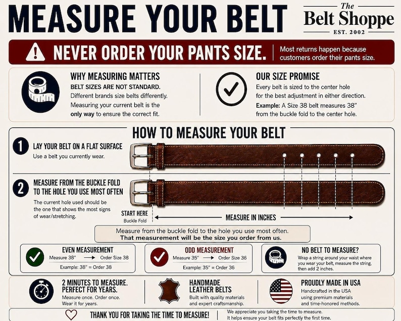 May include: An instructional infographic titled Measure Your Belt by The Belt Shoppe. It provides visual guidance on measuring a brown leather belt from the buckle fold to the center hole, using inches to determine the correct order size for a belt.
