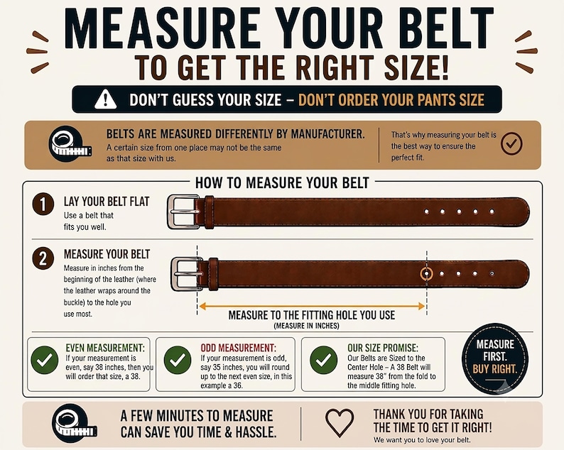 May include: An instructional infographic titled MEASURE YOUR BELT TO GET THE RIGHT SIZE! featuring a brown leather belt with a silver buckle. It provides step-by-step guidance on measuring in inches from the buckle fold to the most used hole.