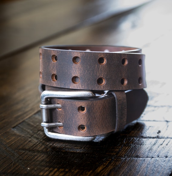 Double Prong Full Grain Leather Belt 1.5 - Handmade in USA 42 / Glazed Red