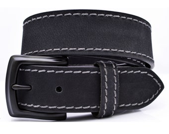 Ceinture en cuir Crazy Horse pleine fleur avec coutures contrastées - Noir