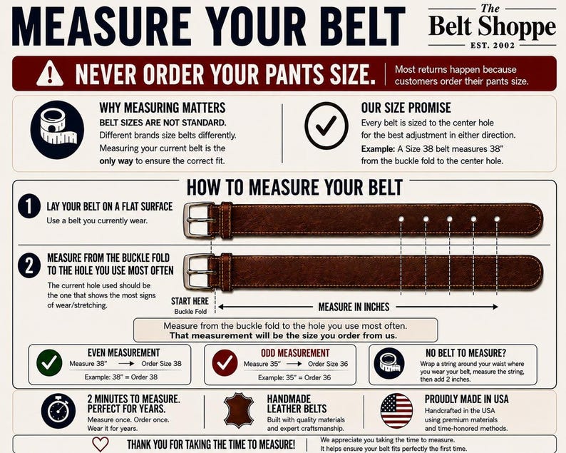 May include: An instructional infographic titled Measure Your Belt by The Belt Shoppe. It features a brown leather belt, diagrams showing how to measure from the buckle fold to the center hole, and text explaining sizing in inches.