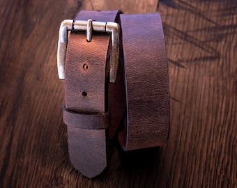 Mens Crazy Horse Leather Belt 1.5 Inches Wide, Made from Buffalo, Handcrafted in USA