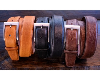 Buffalo Leather Pebble Grain Dress Belts - 3 Colors - Black, Brown, & Tan - Quality Belts Made in USA - Grooms Gift - Quality Thick Leather