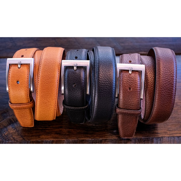 Buffalo Leather Pebble Grain Dress Belts - 3 Colors - Black, Brown, & Tan - Quality Belts Made in USA - Grooms Gift - Quality Thick Leather