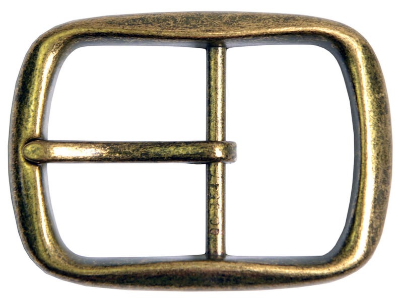 A gold-toned metal belt buckle with a rectangular shape and a smooth, slightly textured finish.