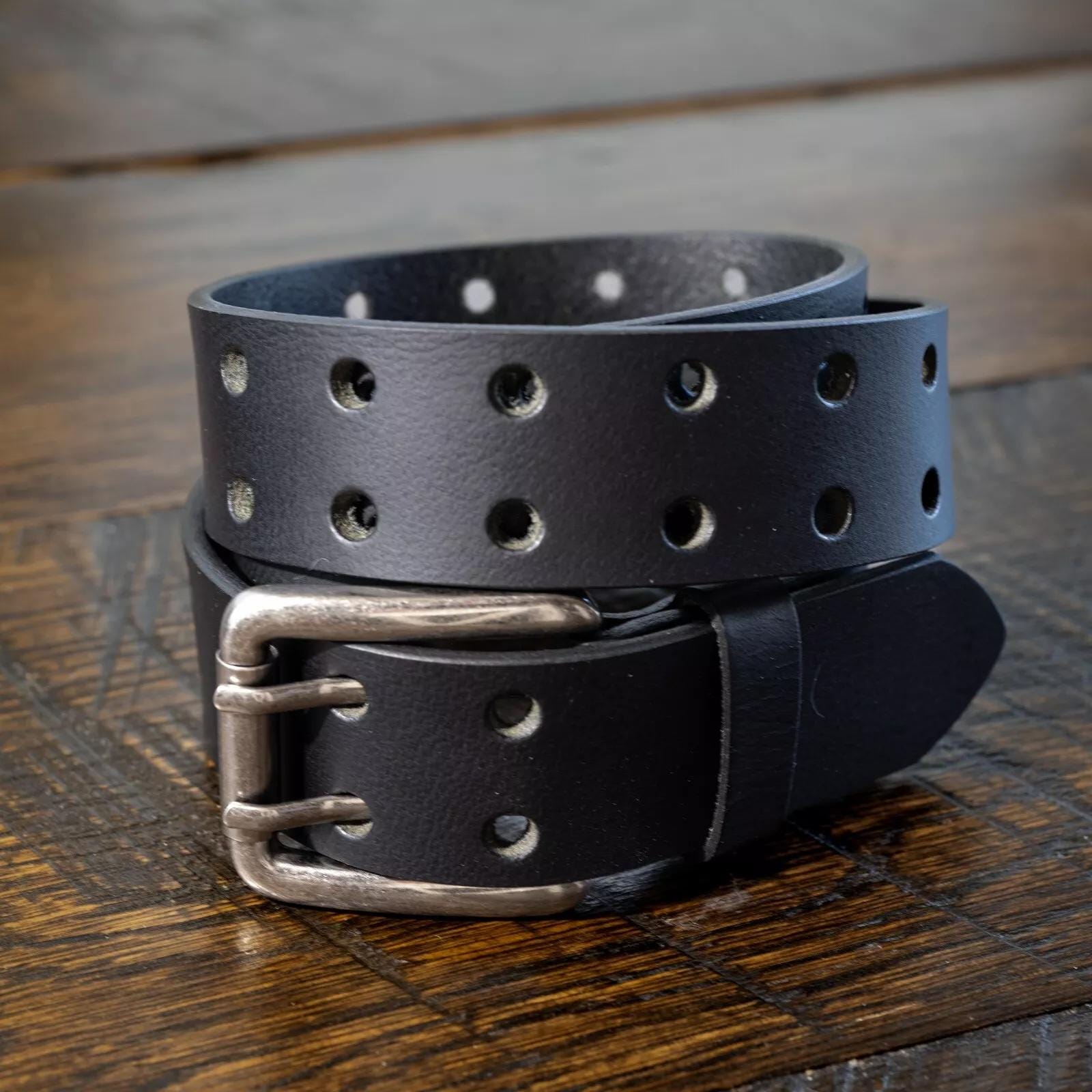 Full Grain Double Prong Leather Belt Black, 1.5