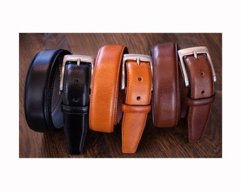 Men's Buffalo Leather Dress Belts - 3 Colors - Black, Brown, & Tan - Quality Belts Made in USA - Grooms Gift - Groomsmen
