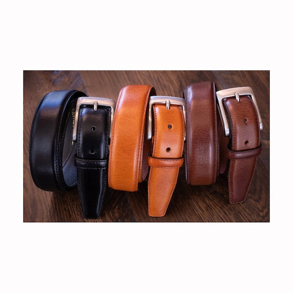 Men's Buffalo Leather Dress Belts - 3 Colors - Black, Brown, & Tan - Quality Belts Made in USA - Grooms Gift - Groomsmen