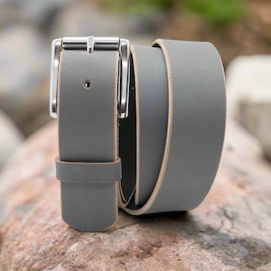Gray Full Grain Leather Belt: 1.5&quot; Buffalo Leather, Stainless Steel Buckle