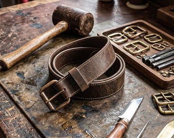 Full Grain Buffalo Leather Belt 1.5 Inches – Edge Stitched Crazy Horse, USA Made