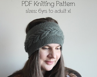 Downloadable PDF Pattern, knitting pattern, headband pattern, cabled headband, knit earwarmer, ear warmer pattern, classic headband, ribbed