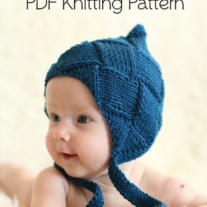 May include: A teal knitted baby bonnet with ear flaps and ties, shown on a baby lying on a fluffy white surface. The bonnet has a textured pattern. Text on the image reads "PDF Knitting Pattern" and "sizes: newborn to adult".