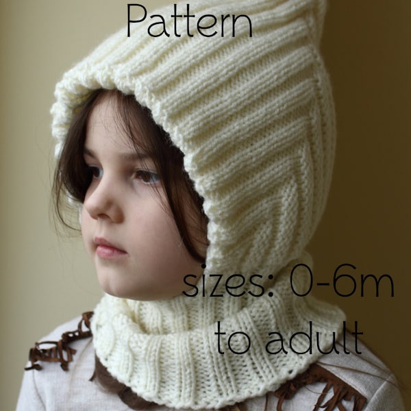 DOWNLOADABLE PDF PATTERN balaclava hat double lined hooded scarf knitting pattern, newborn to adult, toddler, baby, child knit hat tutorial