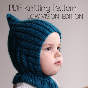 Low vision knitting pattern, accessible knitting pattern, DOWNLOADABLE PDF PATTERN, knit balaclava pixie elf hat hooded scarf easy knitting