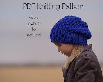PDF Knitting Pattern, DK yarn knit pattern, slouchy beanie hat knitting pattern, slouchy hat, exquisite lace hat, newborn to adult xl sizes