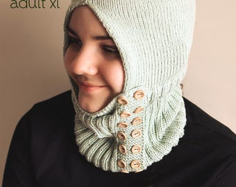 DOWNLOADABLE PDF PATTERN knit flat balaclava hat hooded scarf knitting pattern, teen to adult, knit hat tutorial, easy beginner knitting