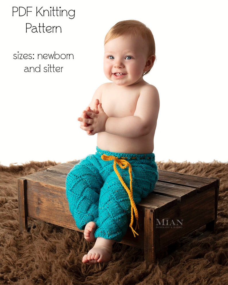 PDF KNITTING PATTERN, knit baby pants pattern, trousers pattern, knit prop pattern, photography prop, newborn photo prop, entrelac pattern image 1