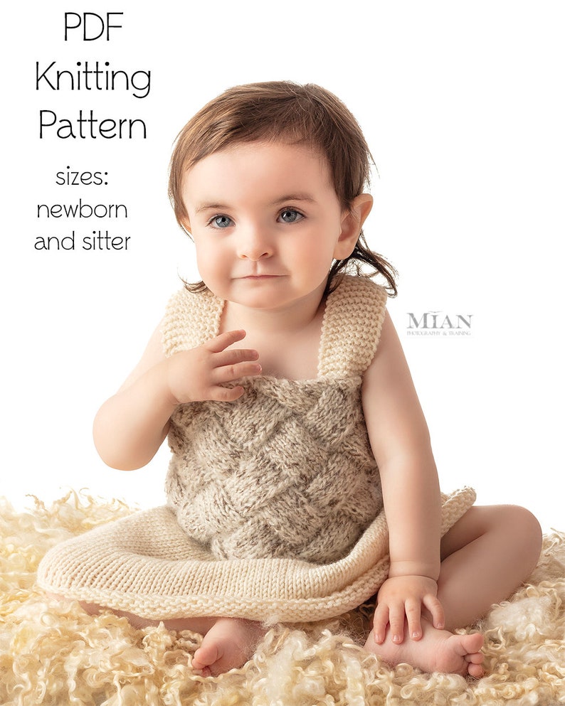 PDF KNITTING PATTERN, knit baby dress pattern, girls dress pattern, knit prop pattern, photography prop, newborn photo prop entrelac pattern image 1