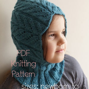May include: A teal blue knitted hat with a pointed top and a fold-down neck warmer. The hat is designed for newborns to teens. The text "PDF Knitting Pattern sizes: newborn to teen" is printed on the image.