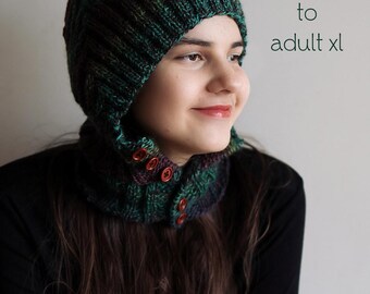 Patrón de tejido para capucha Fell en PDF - Pasamontañas redondo de lana peinada de grosor medio, desde recién nacido hasta adulto XL, por autor publicado - Descarga instantánea - Tejido plano