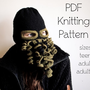 May include: PDF knitting pattern for a black and green balaclava with a textured design. The pattern includes sizes for teen, adult, and adult XL.