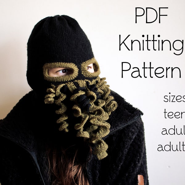 DOWNLOADABLE PDF PATTERN balaclava tentacle mask hat hooded scarf knitting pattern, teen to adult, ski mask octopus kraktopus knit hat