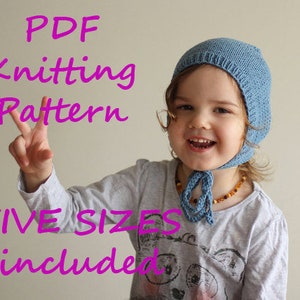 DOWNLOADABLE PDF PATTERN basic classic rounded bonnet with knit ties knitting pattern nb 0-3 3-6 6-12 12-24 newborn to toddler diy knitting